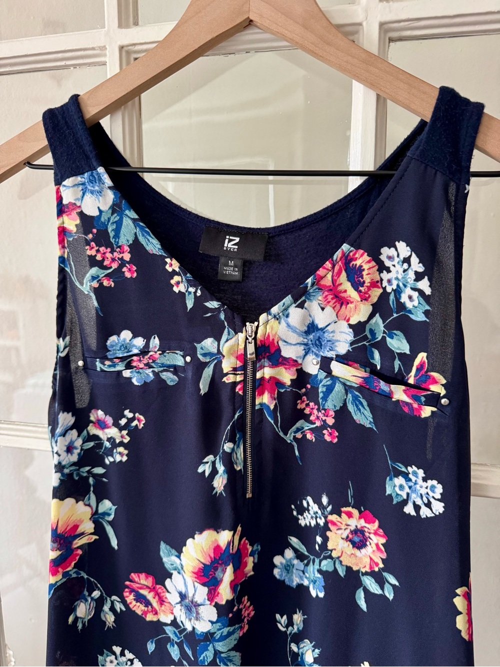 Iz Byer Navy Floral Zip-Front Tank